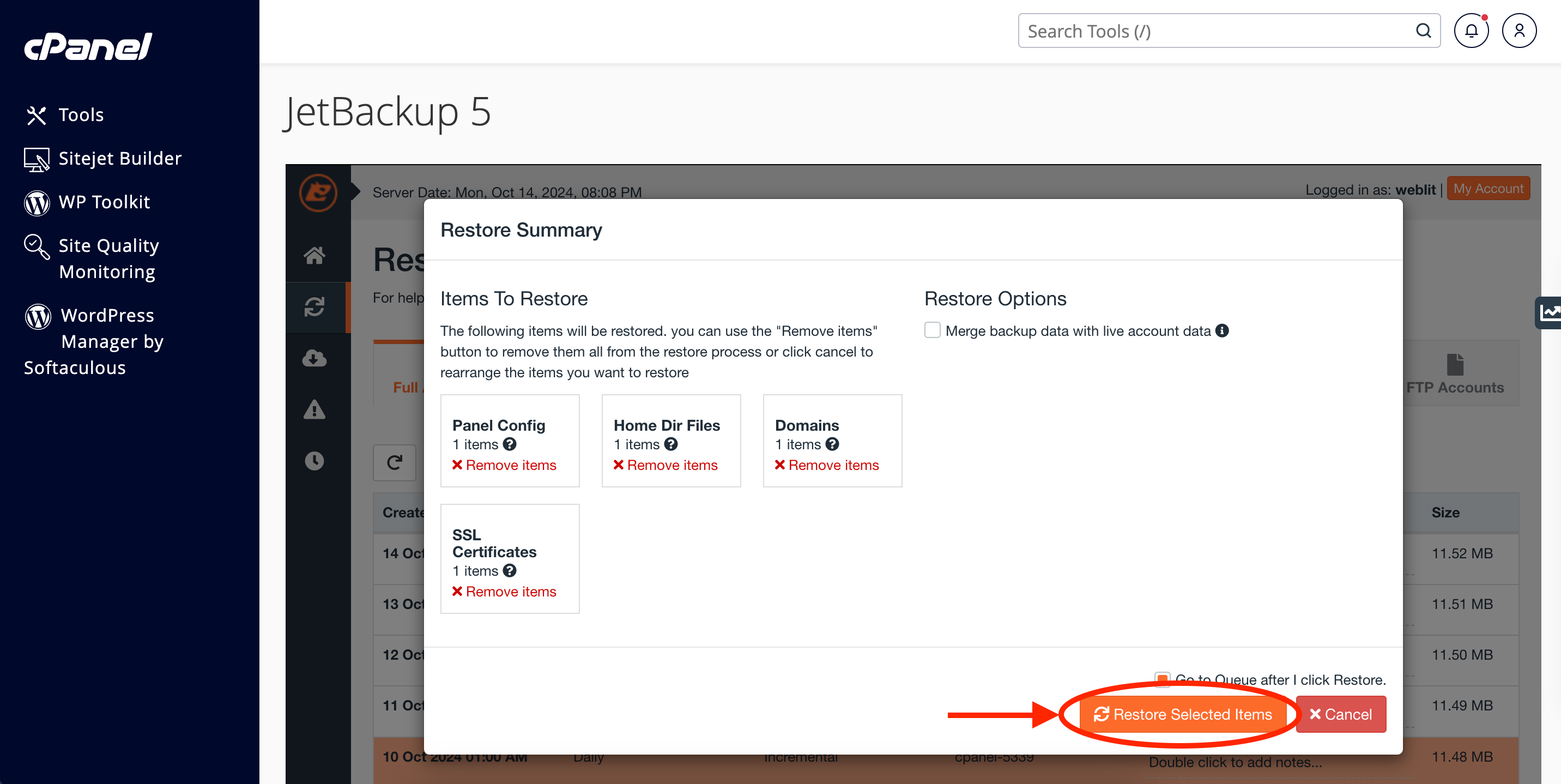JetBackup-4 Start the restoration in JetBackup 5