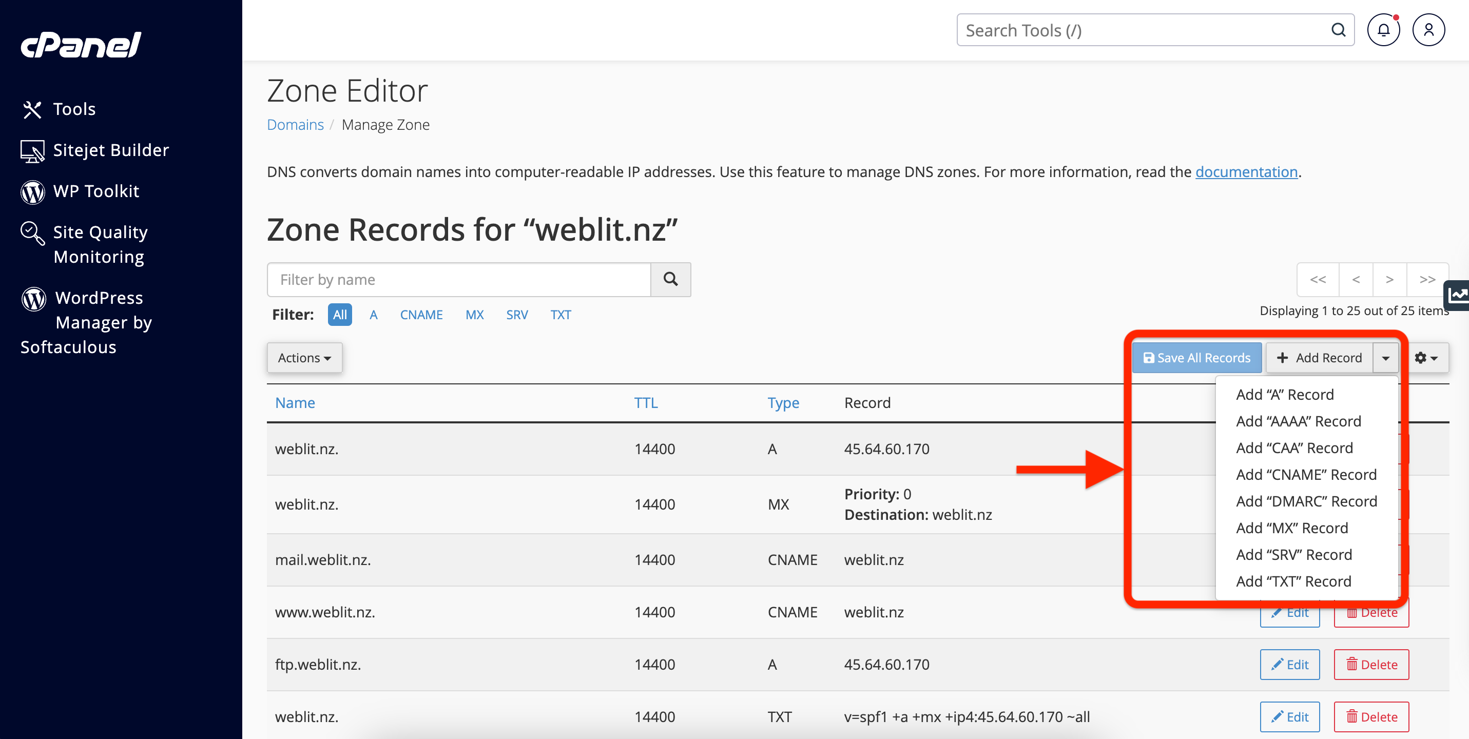 Manage-DNS-3 Add A record, CNAME, MX record, TXT record