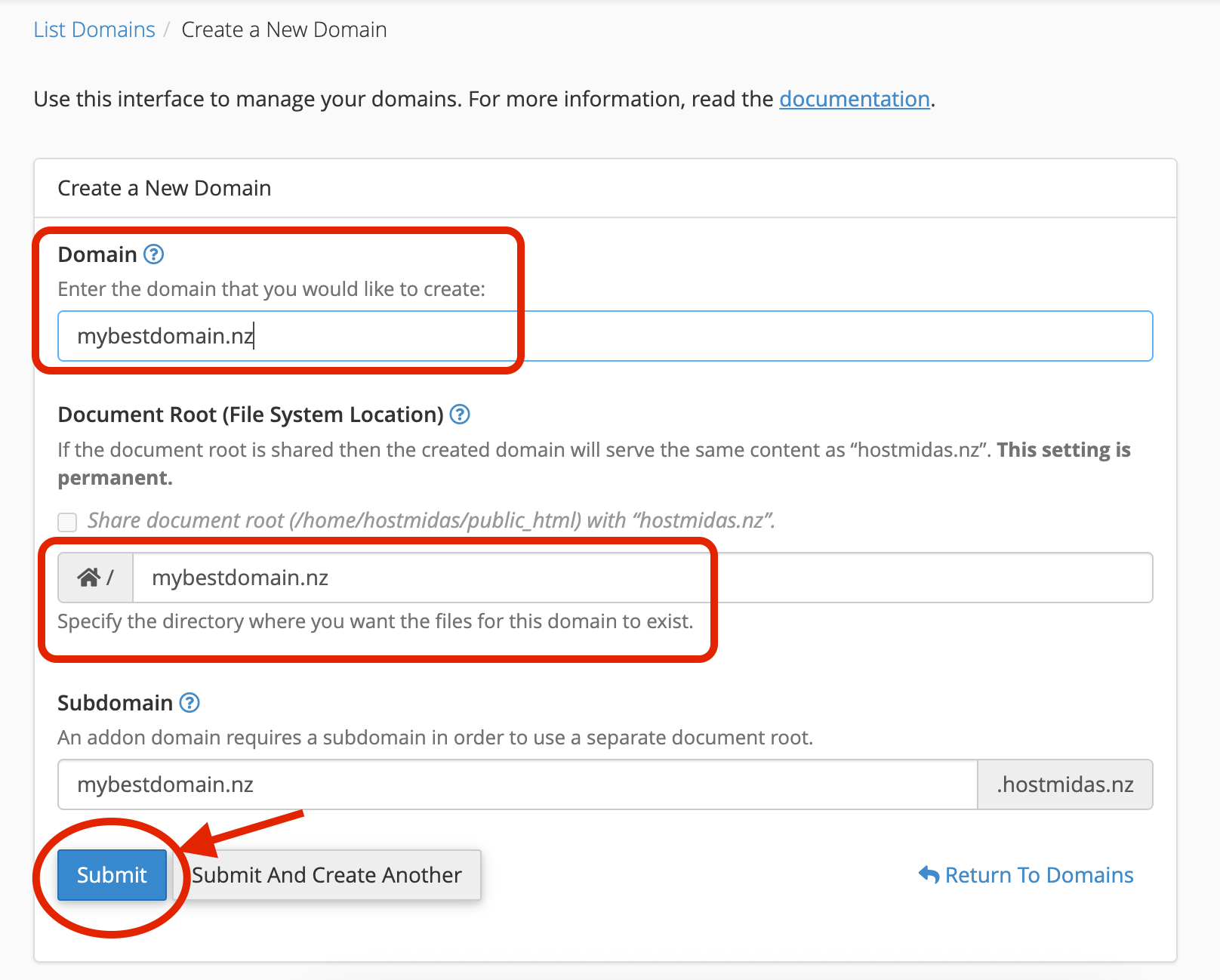 Addon-Domain-Step-3 This is the third step in adding a domain in cPanel with HostMidas.