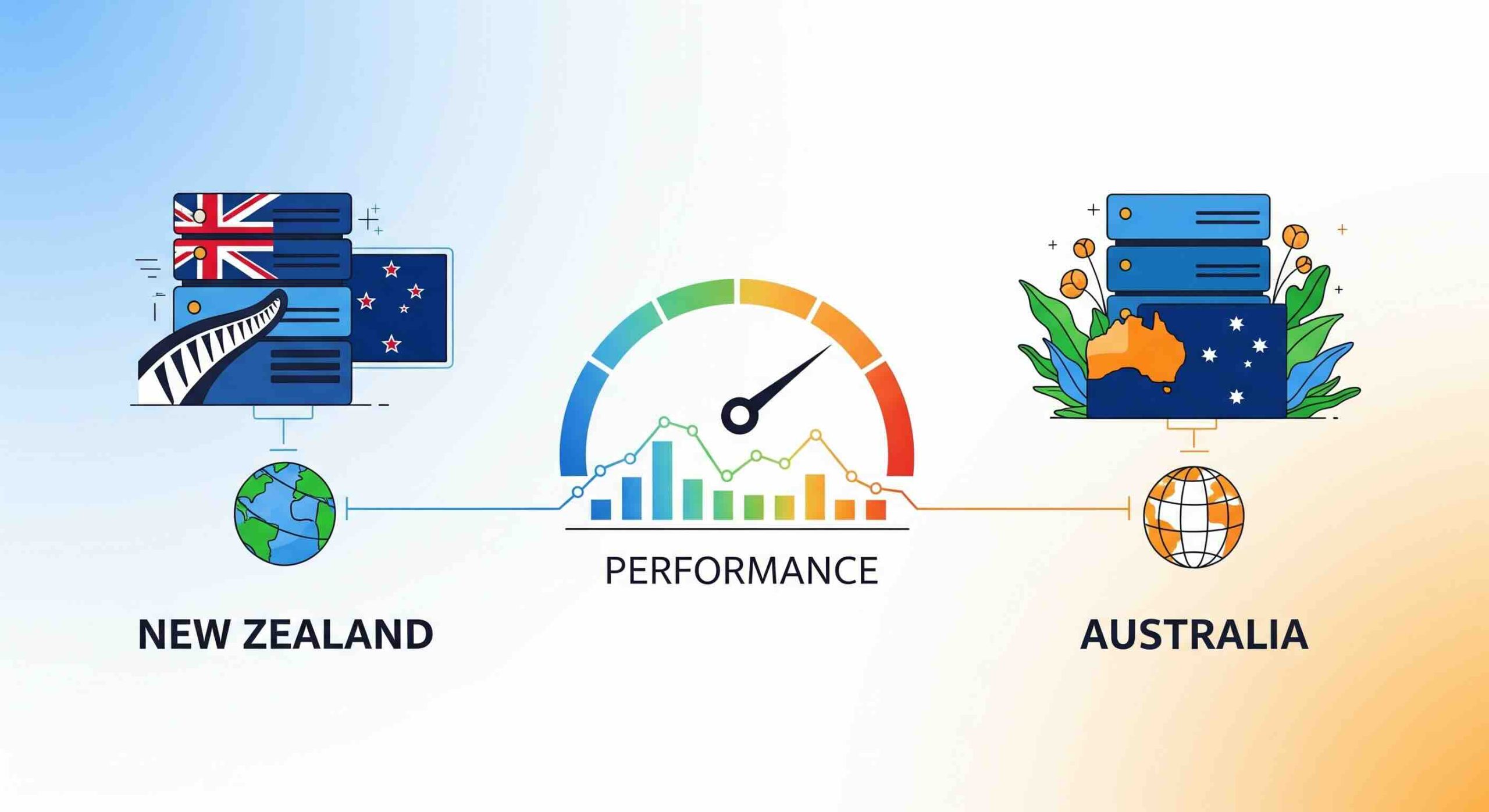 NZ-vs-AU New Zealand vs. Australia Web Hosting Comparison with Server Icons and Speedometer