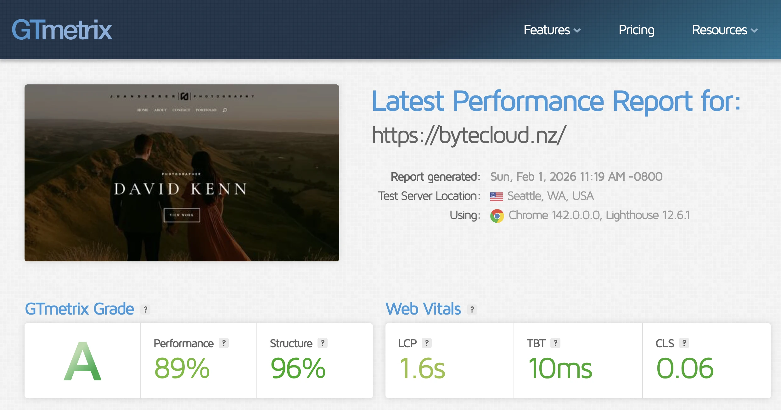 GT Metrix grade of a WordPress site after HostMidas upgraded to LiteSpeed.