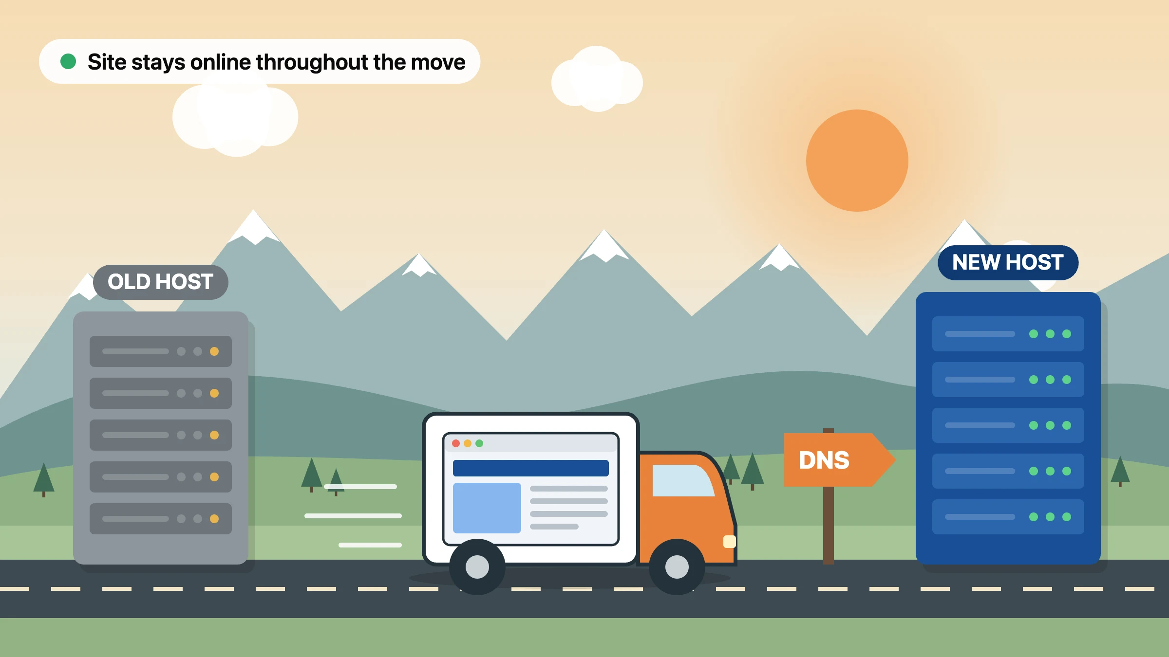 Illustration of a website migration, with a website travelling by van from an old host to a new host through New Zealand hills